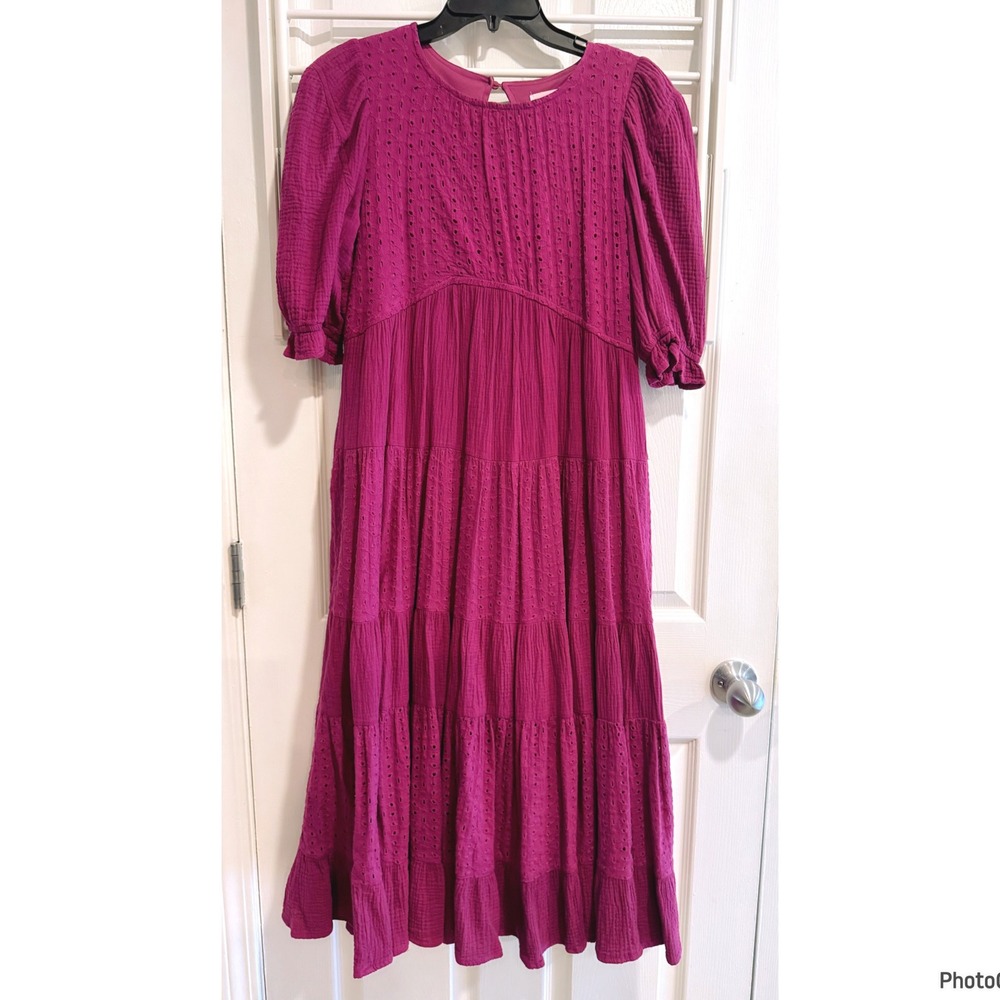 &Merci Boutique Purple Tiered Eyelet MIDI Dress Small Coquette Cottagecore